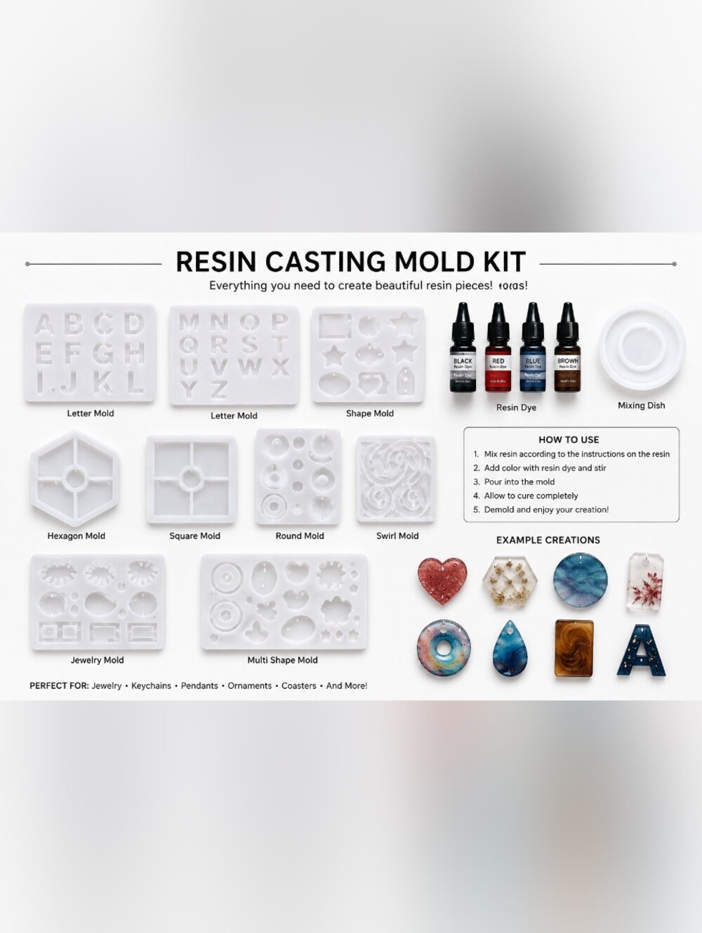 Complete UV Resin Casting Mold Kit – Alphabet Letter Molds, Jewelry Pendant Mold